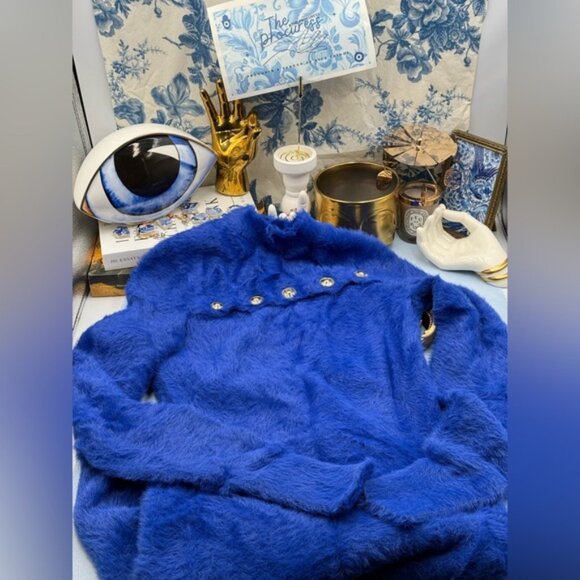 🆕 VERSACE JEANS COUTURE 🧿 NWOT Royal Blue Faux Fur Knit Dress, Buttons - Sz S - Picture 12 of 16